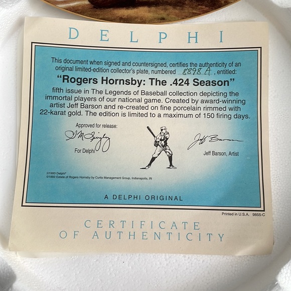 NWT.  Vintage Rogers Hornsby The .424 Season Series collectible plate. - Picture 3 of 8